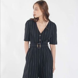 Black Stripes Buckle Belt Jumpsuit